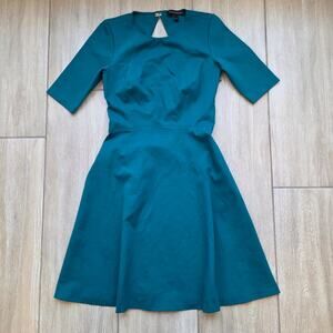 Banana Republic Teal Fit Flare Dress Size 2 Midi Stretch Pocket Career